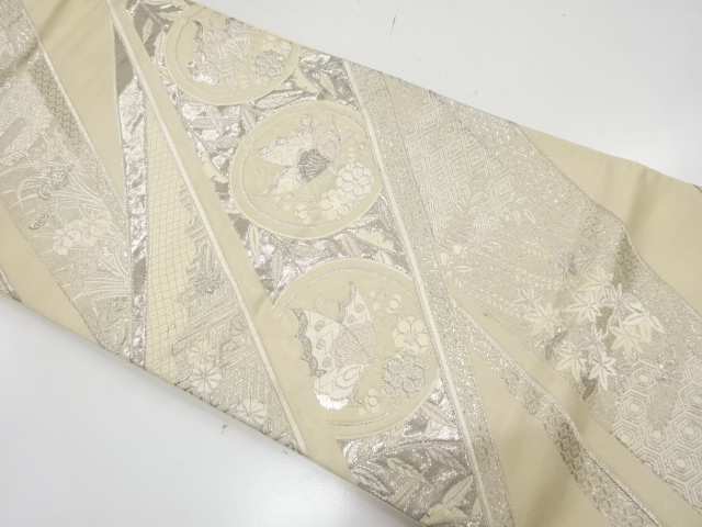 JAPANESE KIMONO / ANTIQUE FUKURO OBI / SILK / PLATINUM​ FOIL / WOVEN FLORAL PLANTS